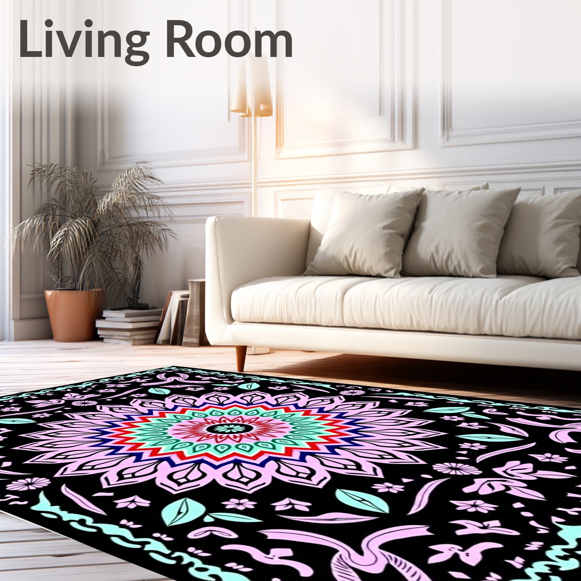 Radiant Black Mandala Flower Rug
