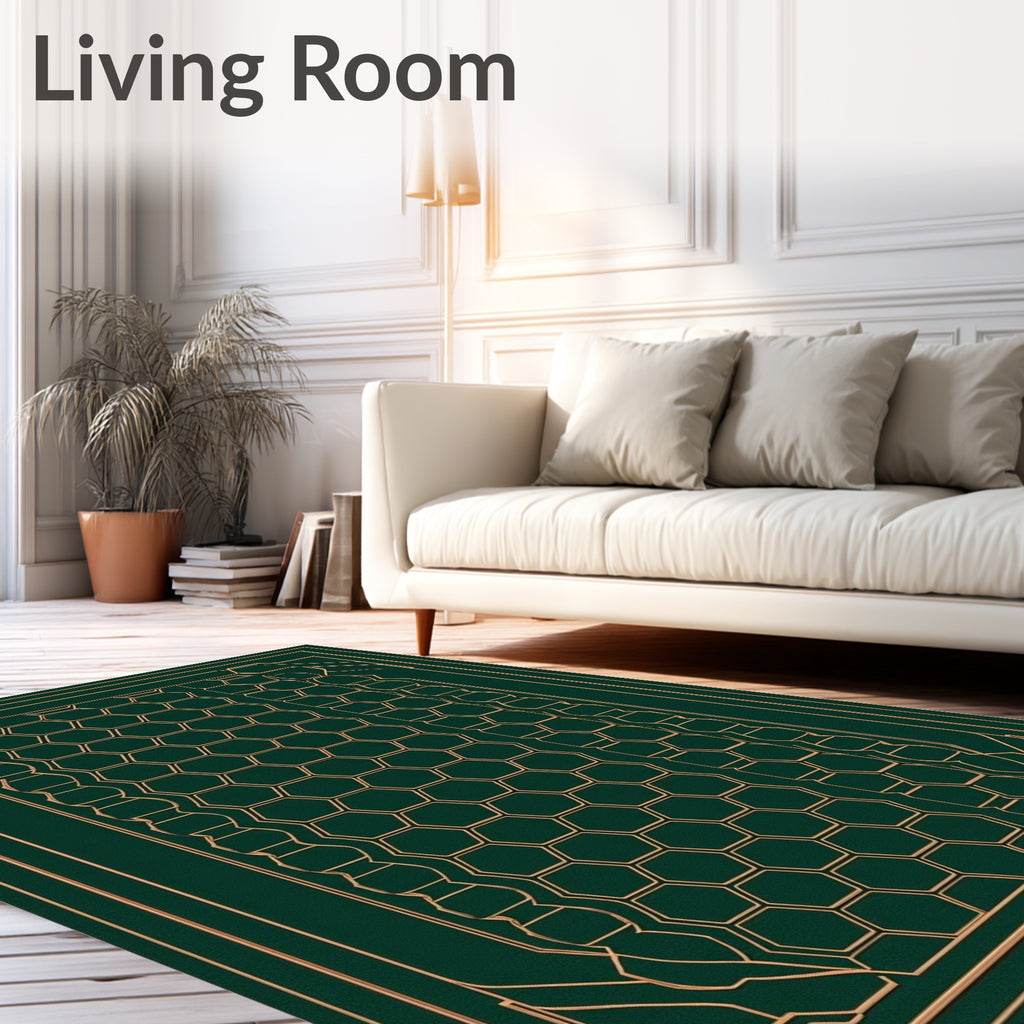 Emerald Gold Geometric Hexagon Art Deco Rug