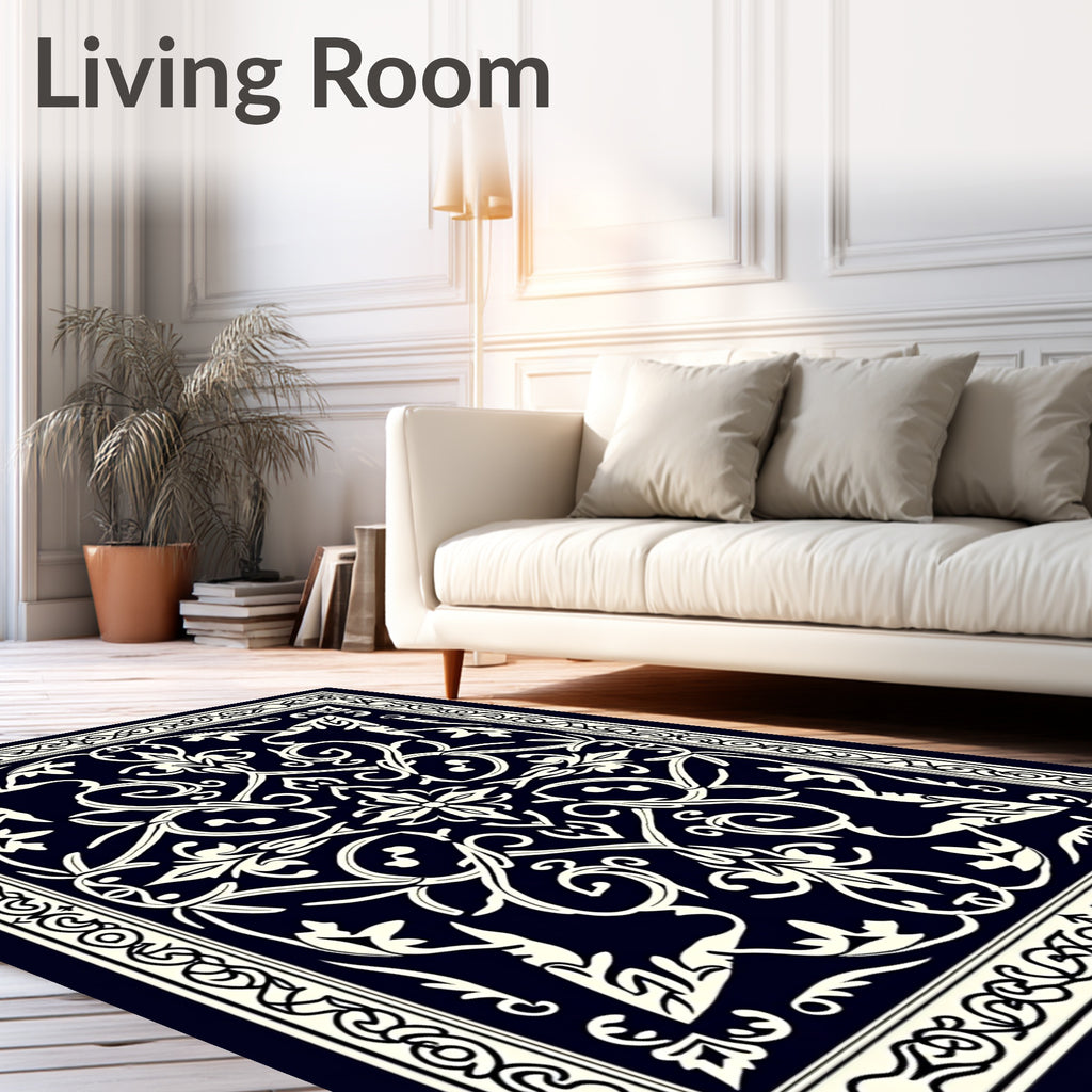 Midnight Ivory Ornate Floral Rug