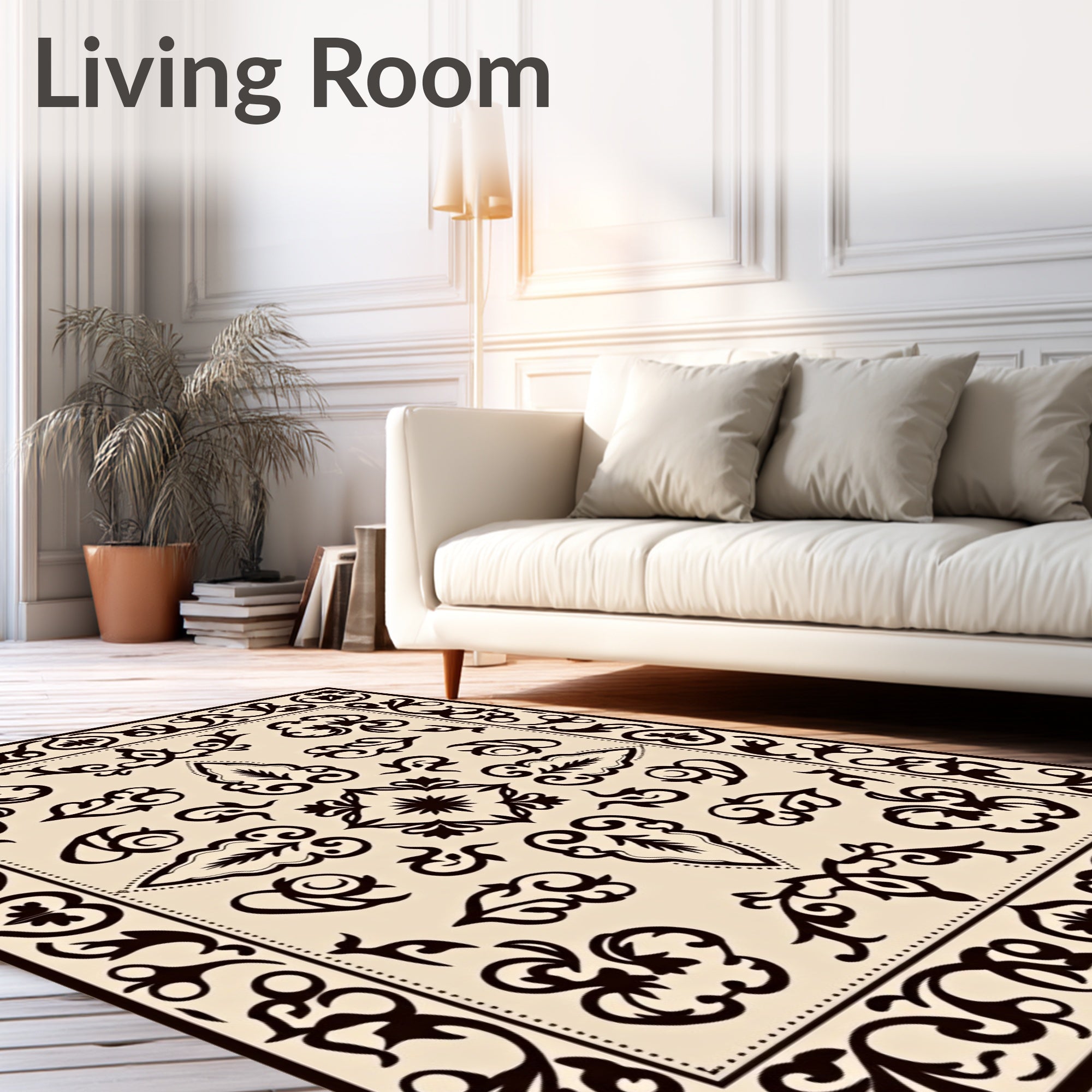 Classic Dark Beige Floral Border Rug