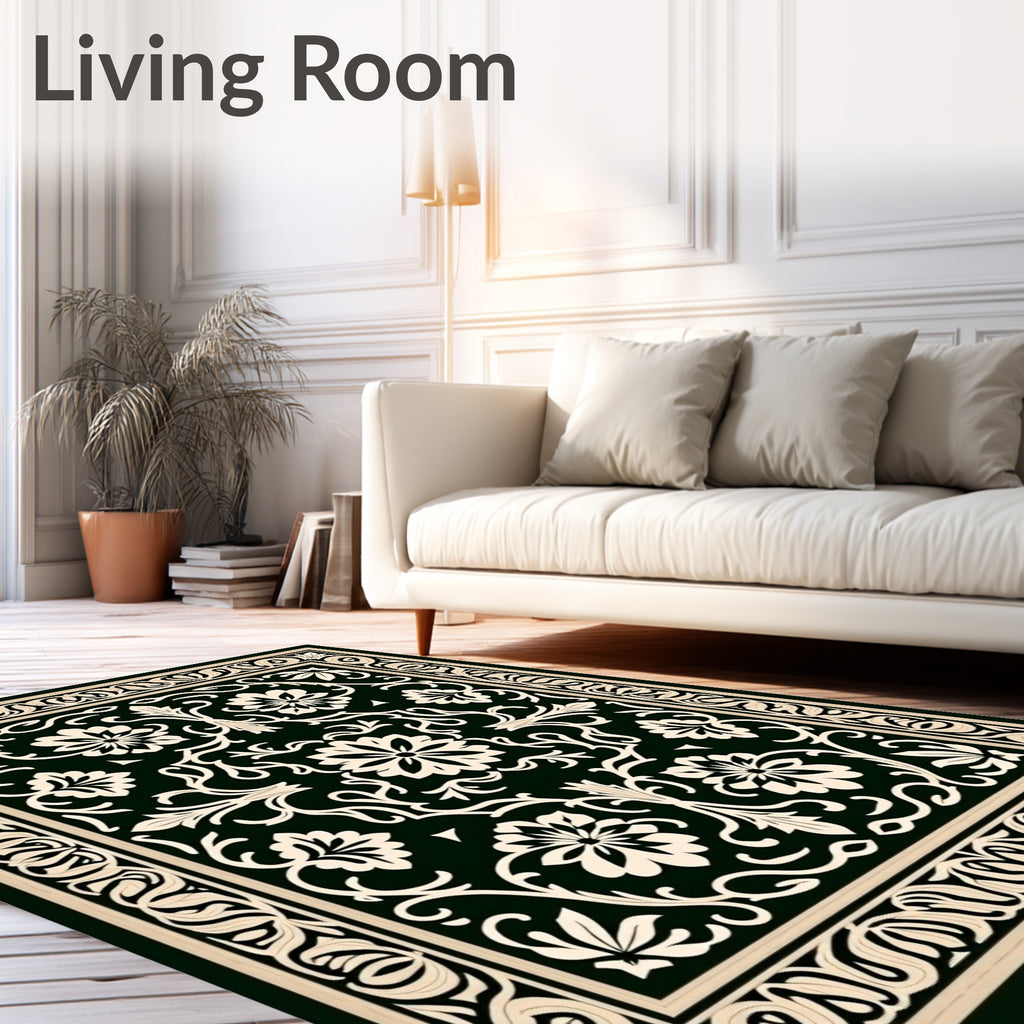 Black Ivory Floral Scroll Medallion Rug