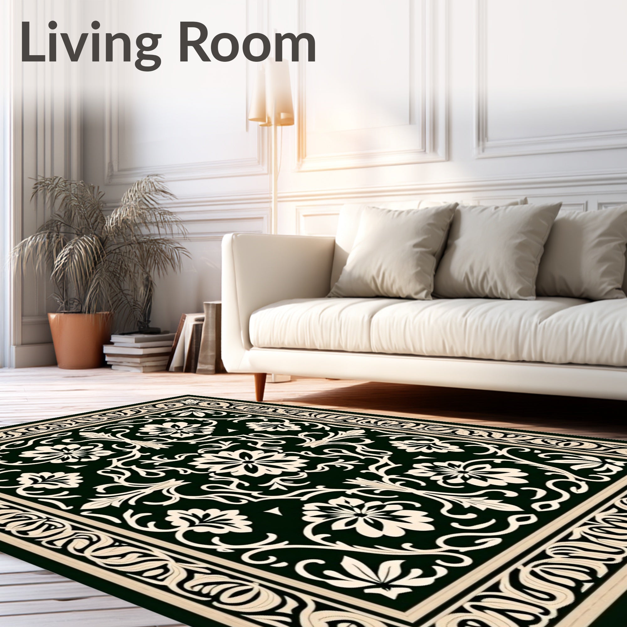 Black Ivory Floral Scroll Medallion Rug