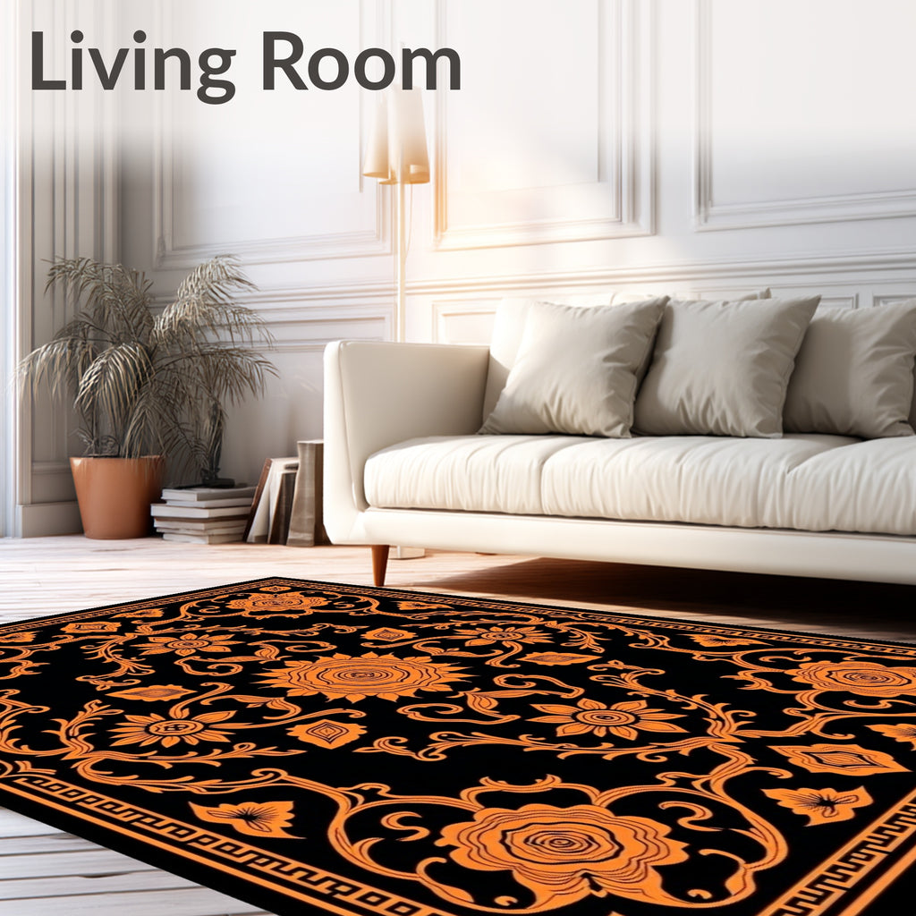 Vibrant Orange Floral Medallion Black Rug