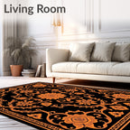 Vibrant Orange Floral Medallion Black Rug