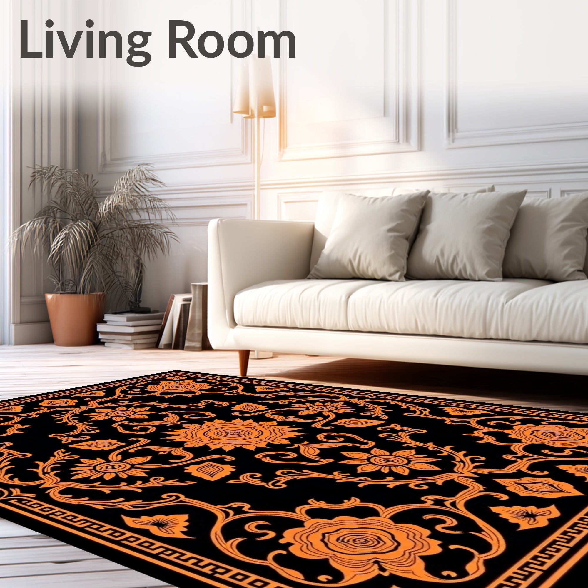 Vibrant Orange Floral Medallion Black Rug