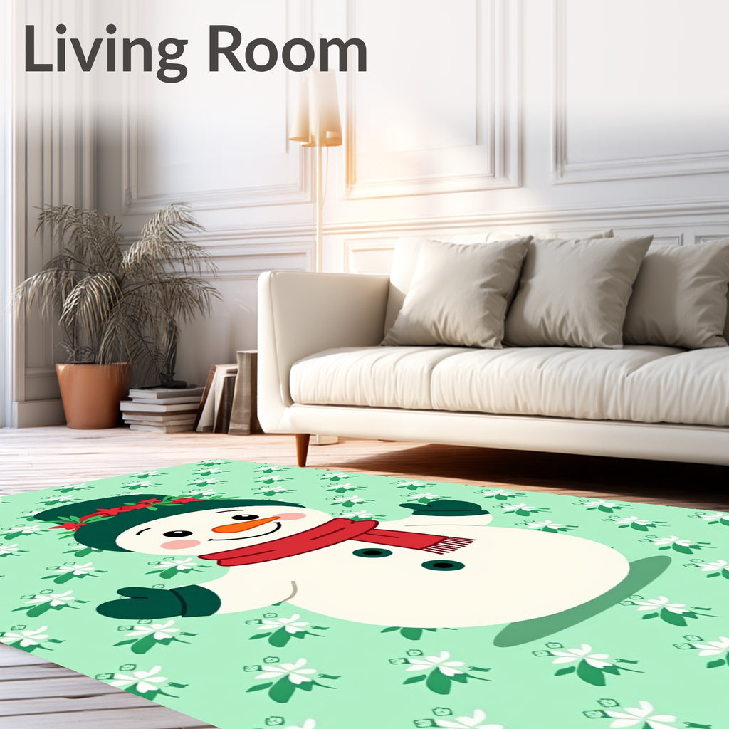 Festive Snowman Red Green Floral Background Rug