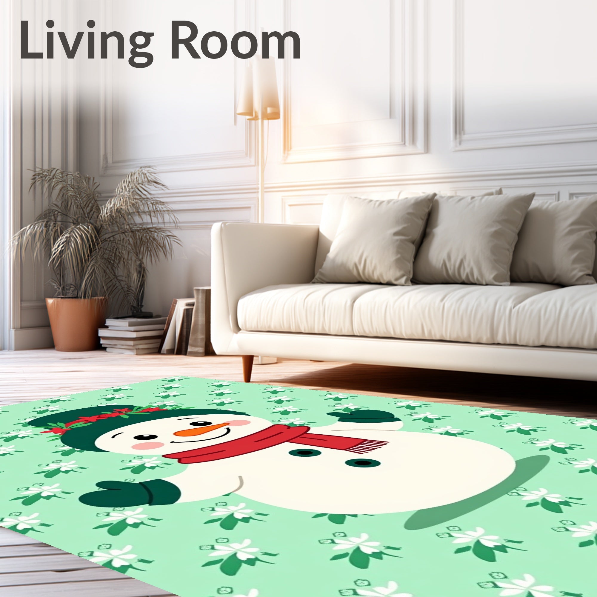 Festive Snowman Red Green Floral Background Rug