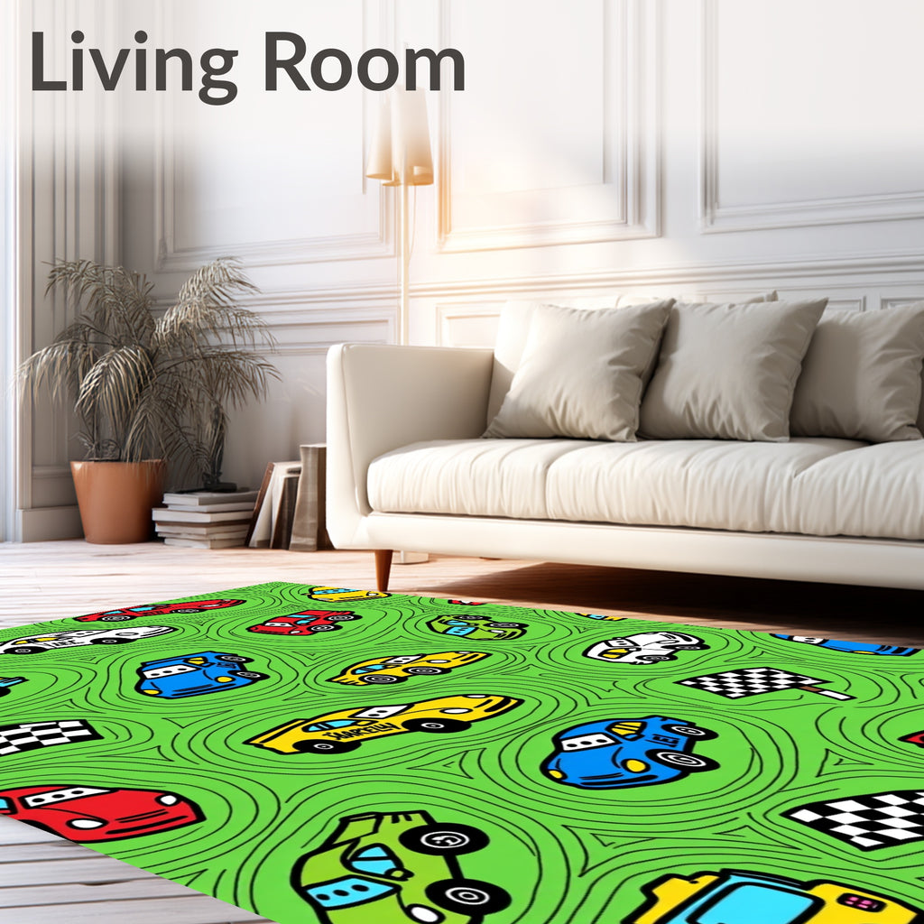 Whimsical Racing Cars Green Swirls Rug