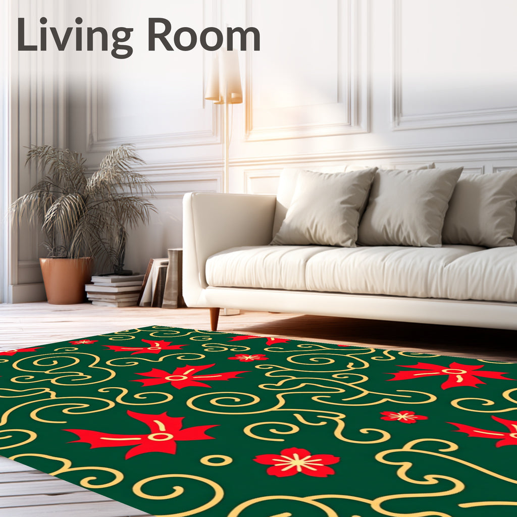 Red Holly Swirls On Green Background Rug