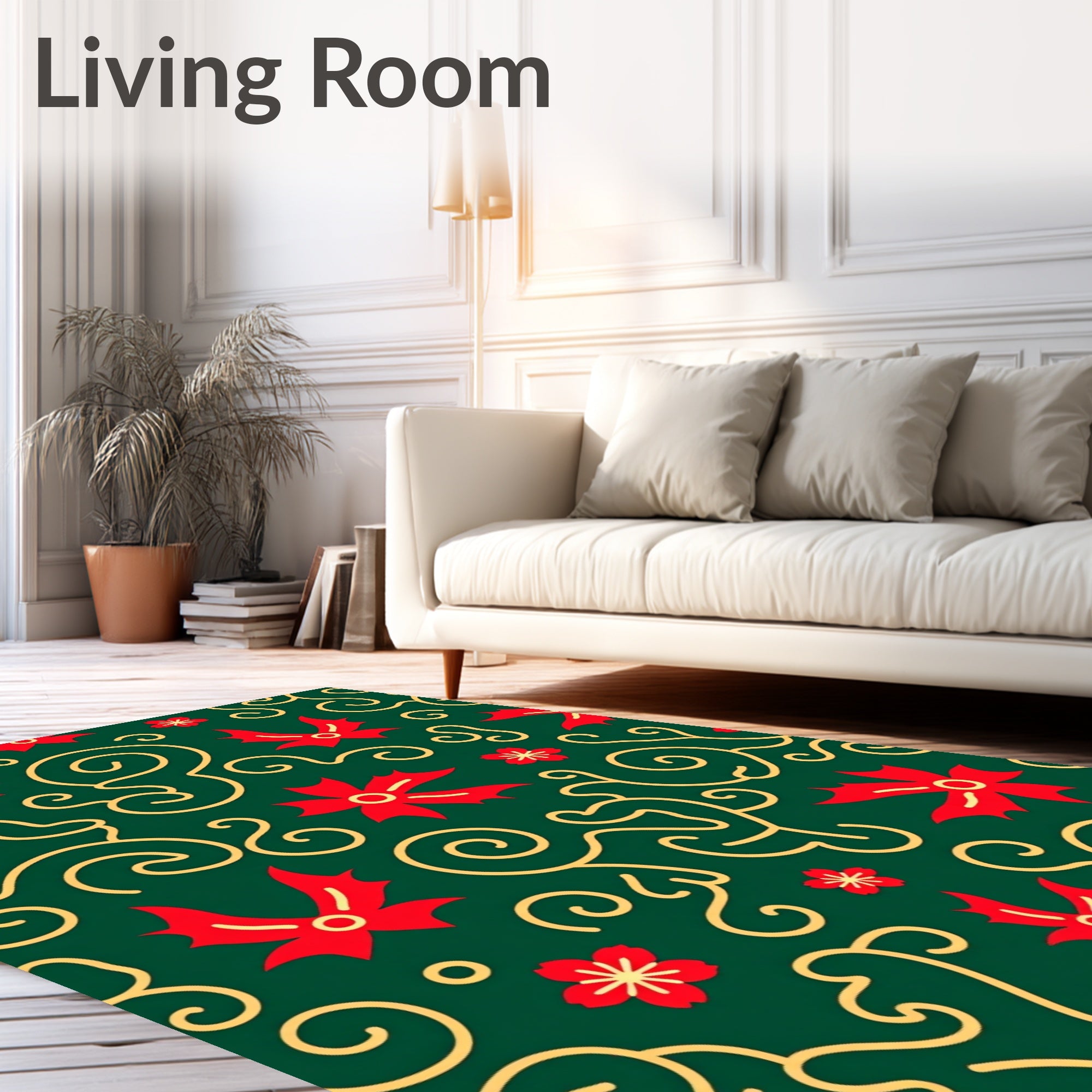 Red Holly Swirls On Green Background Rug