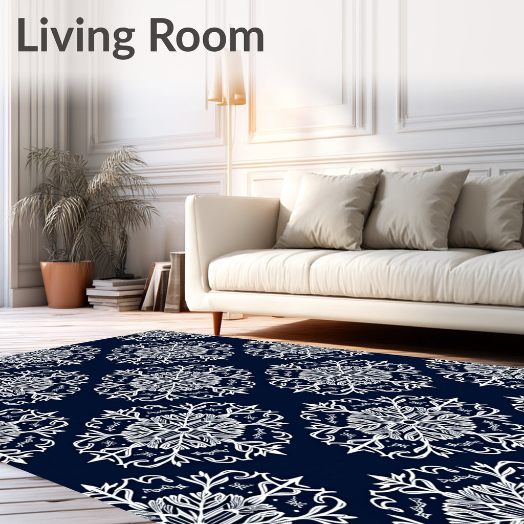 Ornate White Snowflake Navy Blue Rug
