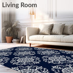 Ornate White Snowflake Navy Blue Rug