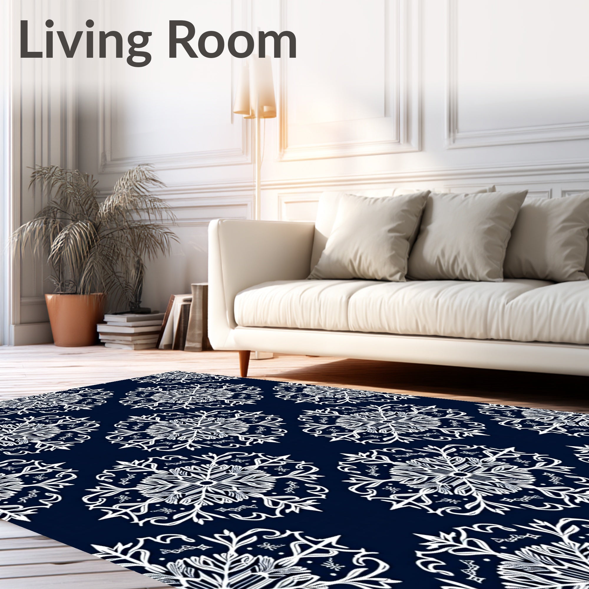 Ornate White Snowflake Navy Blue Rug