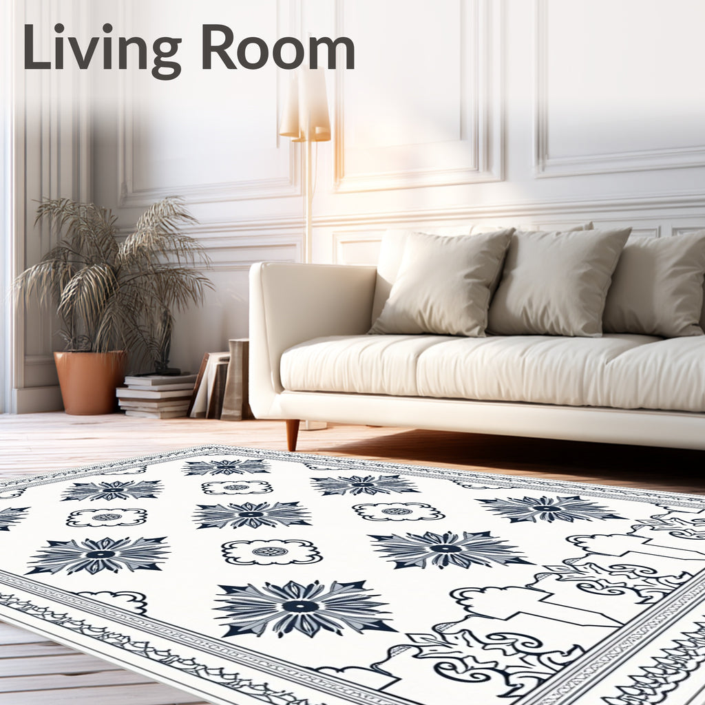 Classic Navy Starburst Floral Border Rug