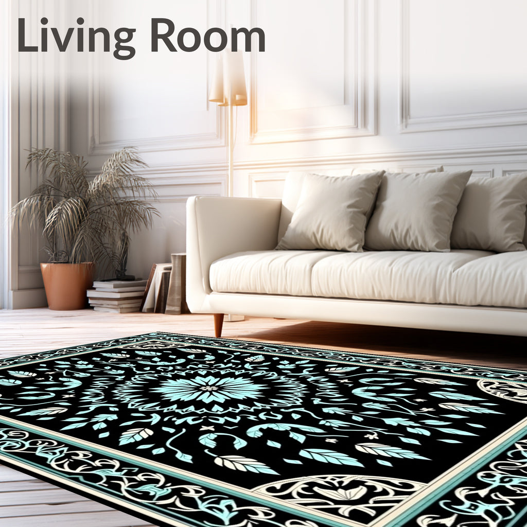 Art Nouveau Teal Floral Centerpiece Rug