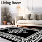Black White Ornate Medallion Border Rug