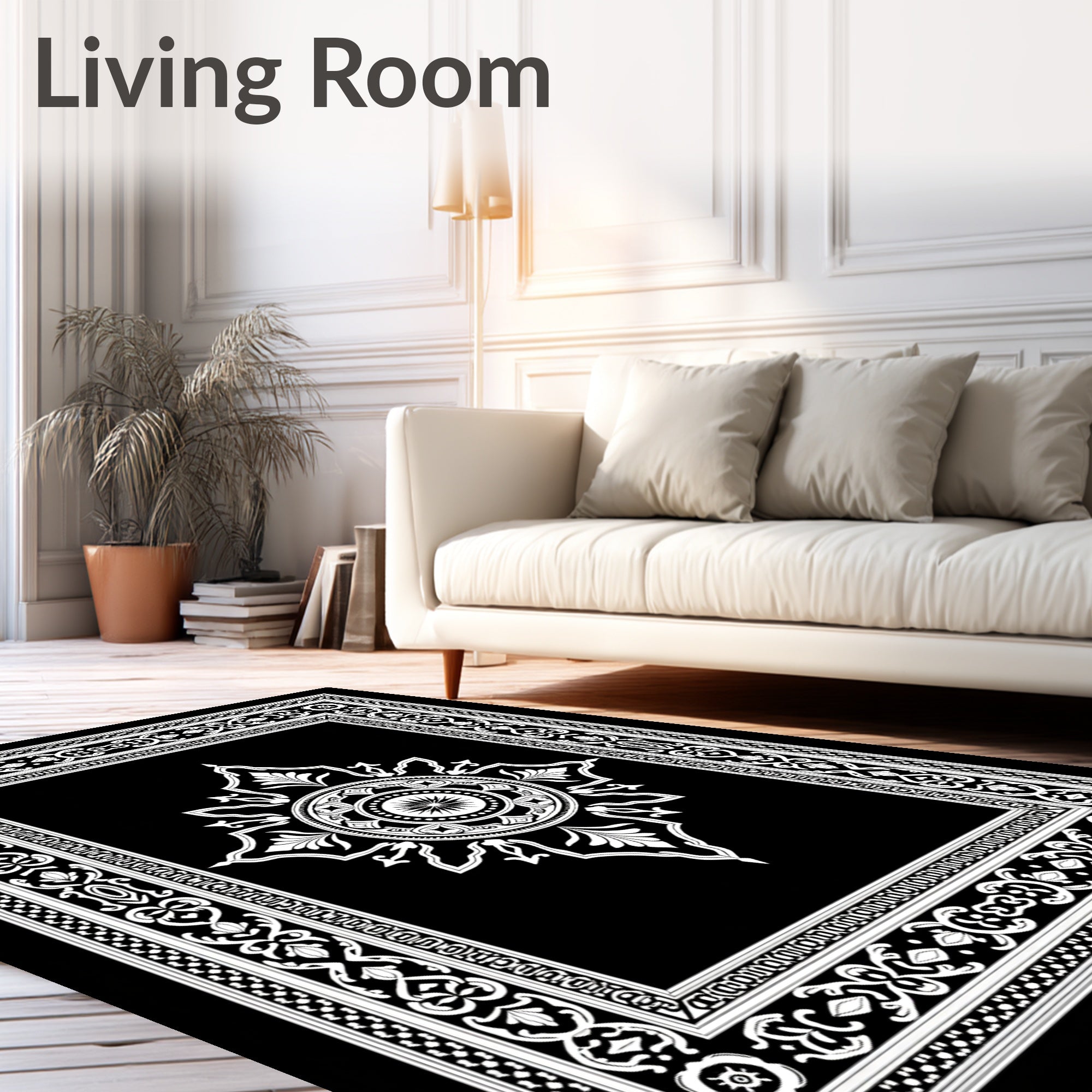 Black White Ornate Medallion Border Rug