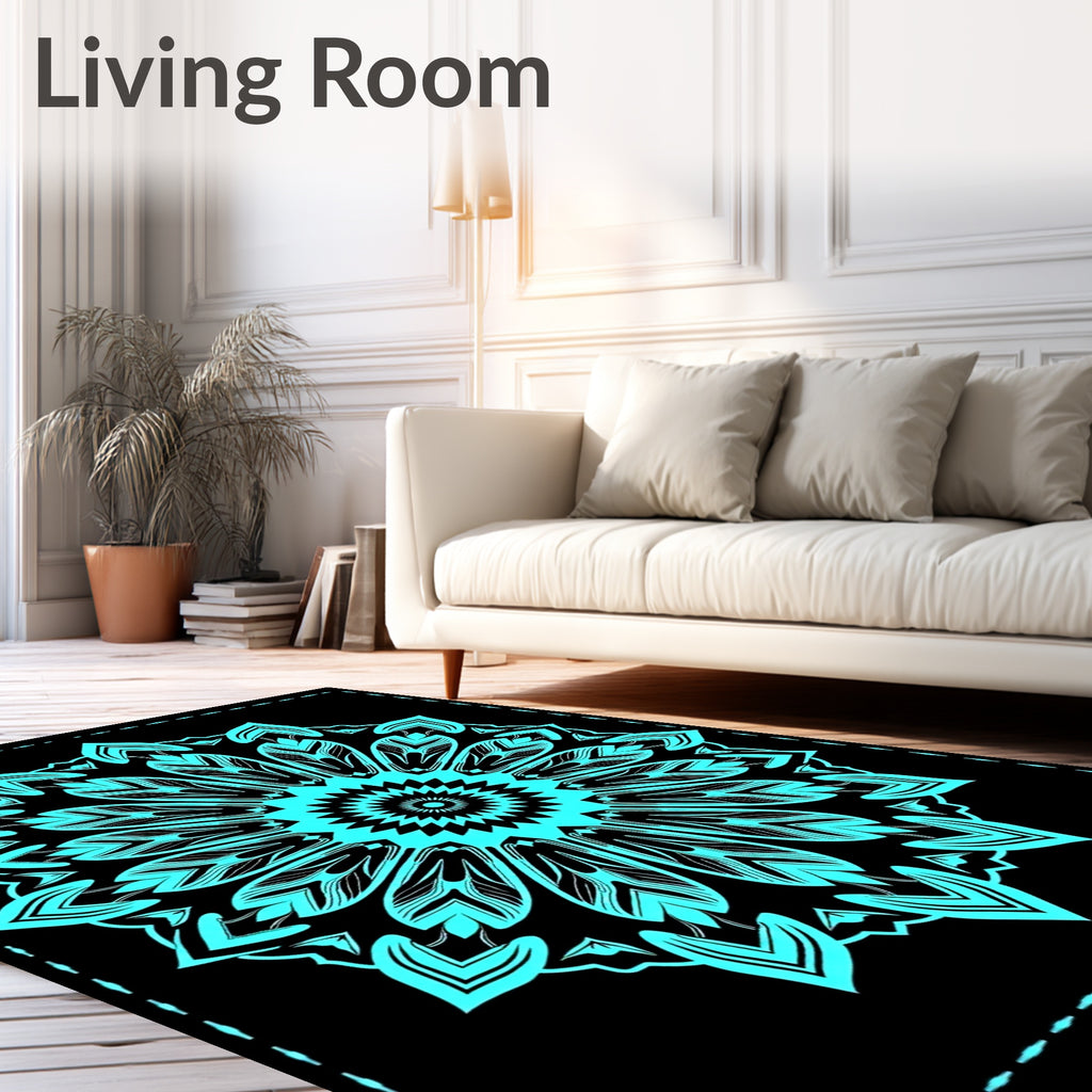 Bright Aqua Radial Flower Mandala Rug