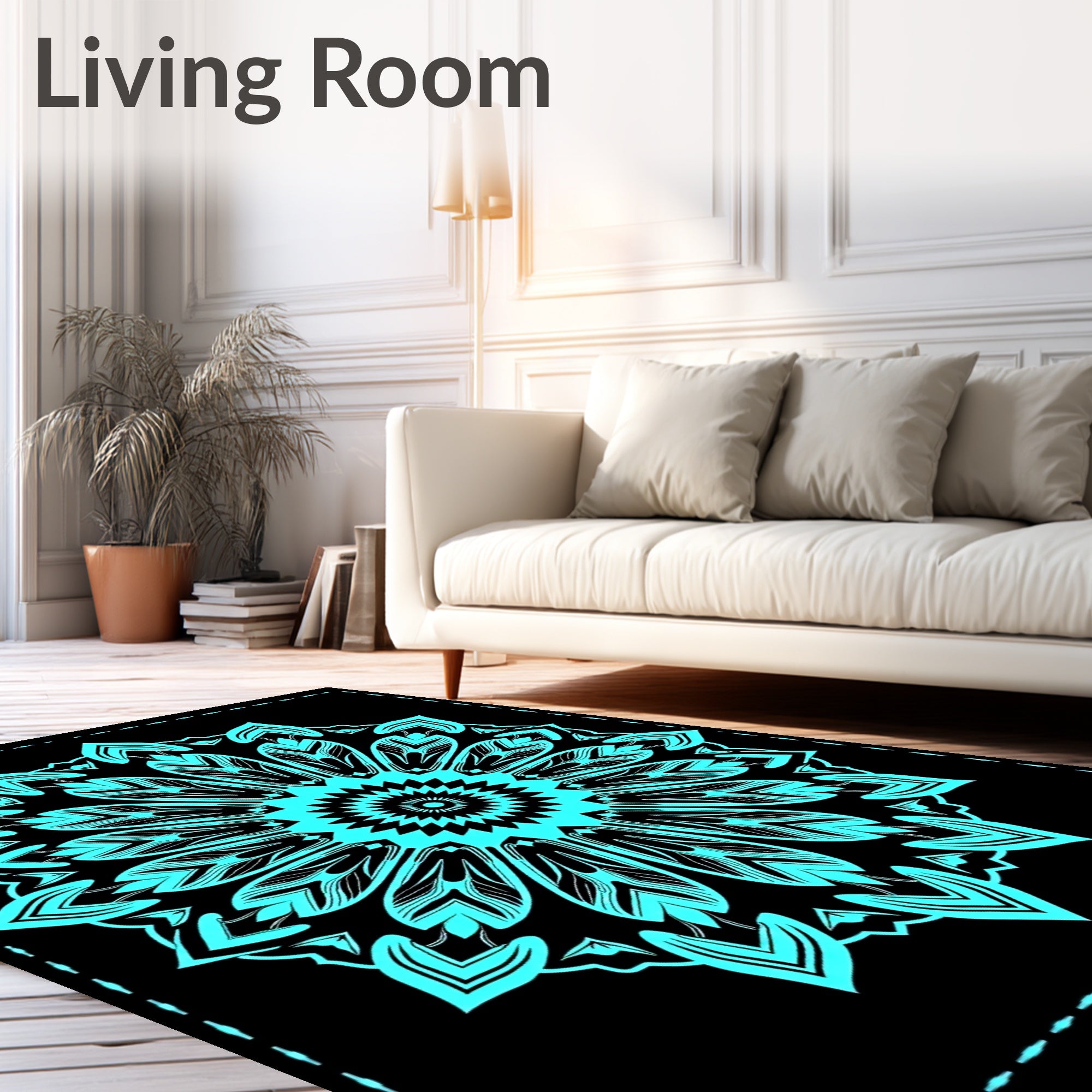 Bright Aqua Radial Flower Mandala Rug