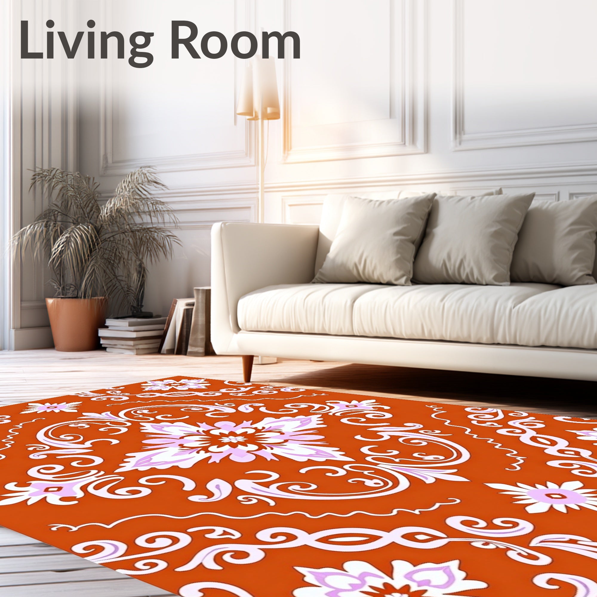 Vibrant Orange Floral Damask Rug