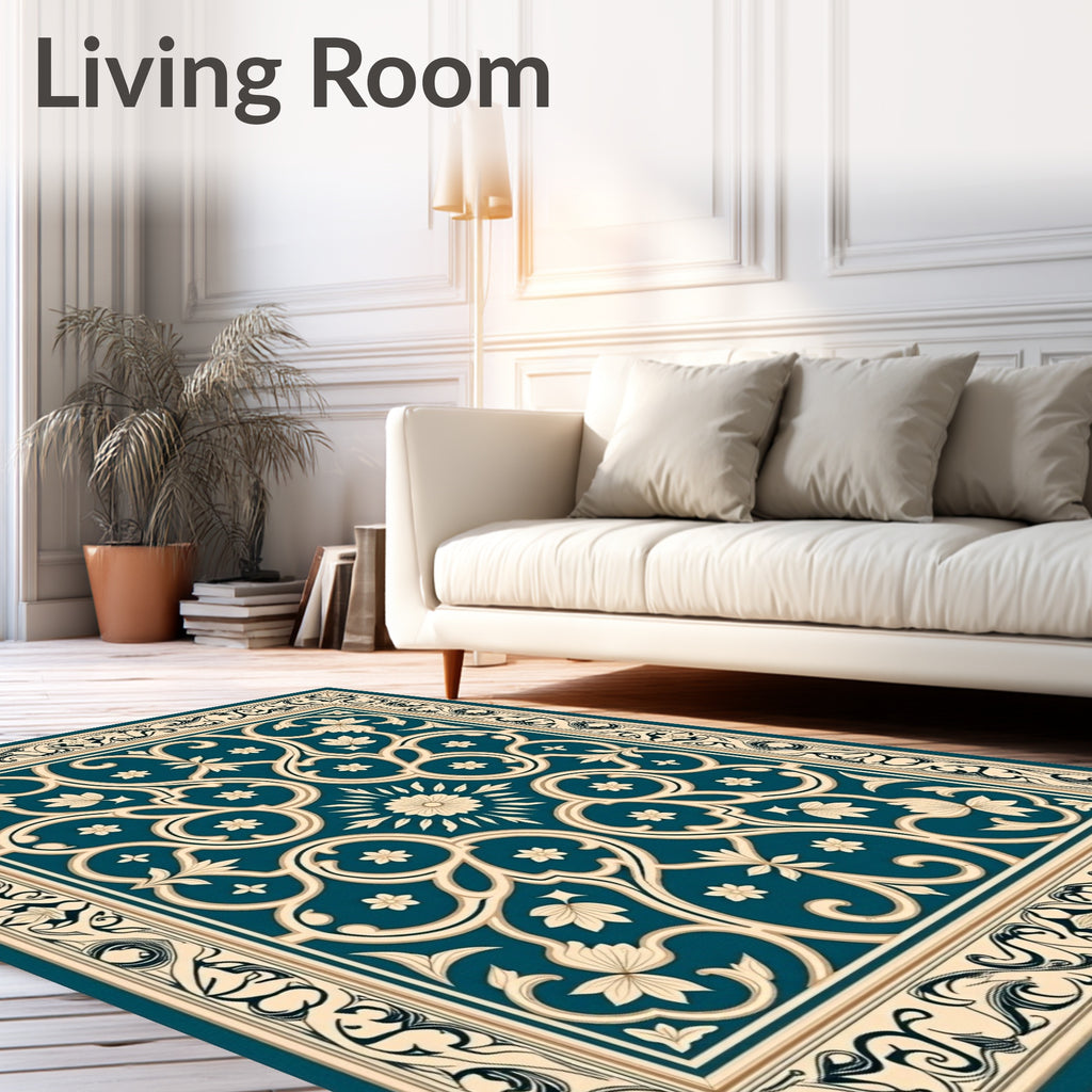 Teal Cream Floral Arabesque Frame Rug