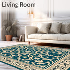 Teal Cream Floral Arabesque Frame Rug
