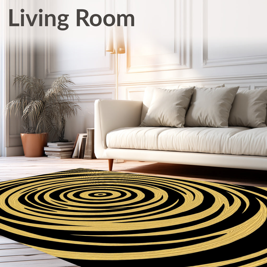 Golden Black Swirling Concentric Rings Rug