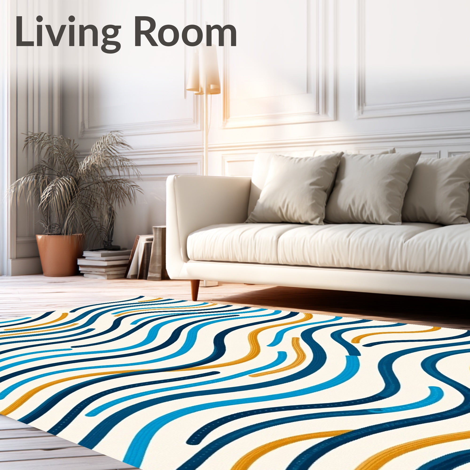 Abstract Navy Gold Wavy Stripes Rug
