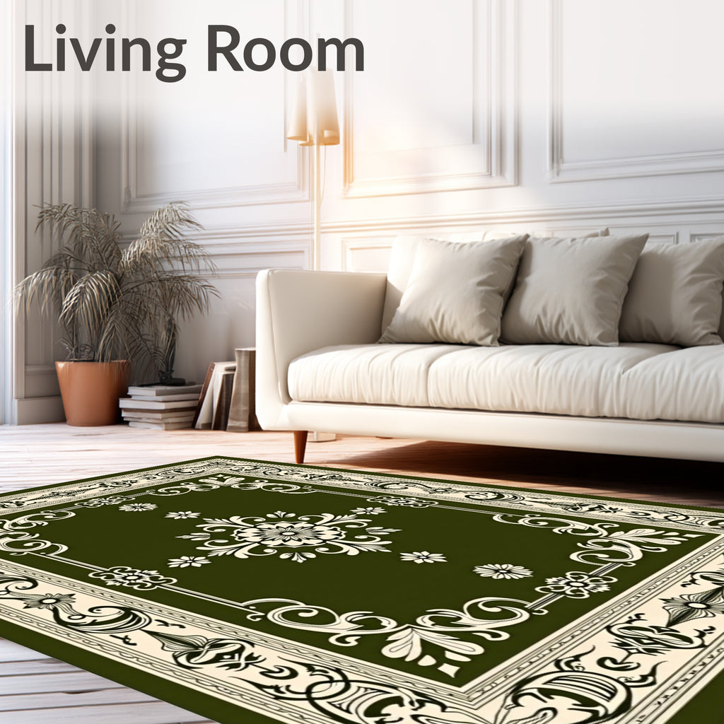 Deep Green Floral Vine Medallion Rug