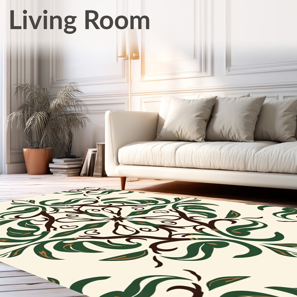 Cream Green Brown Floral Damask Rug