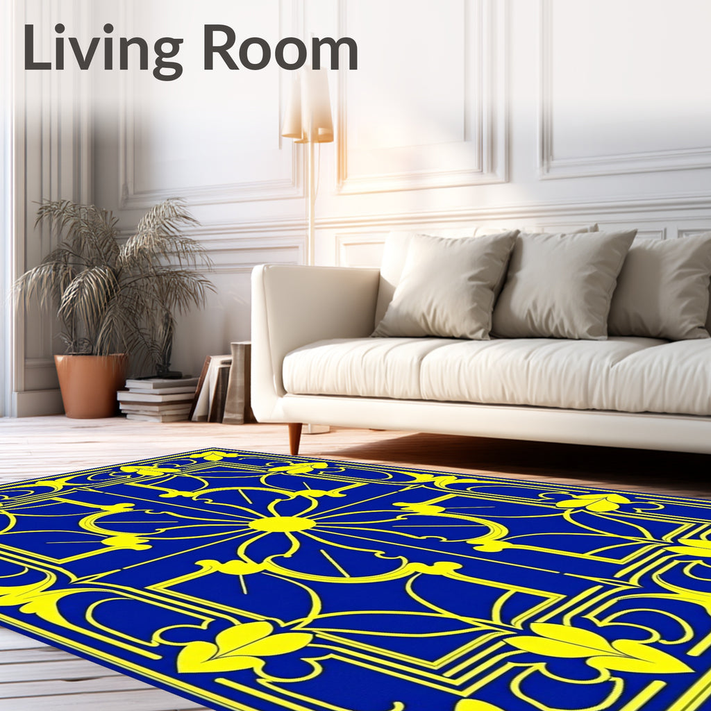 Royal Blue Yellow Floral Crest Rug