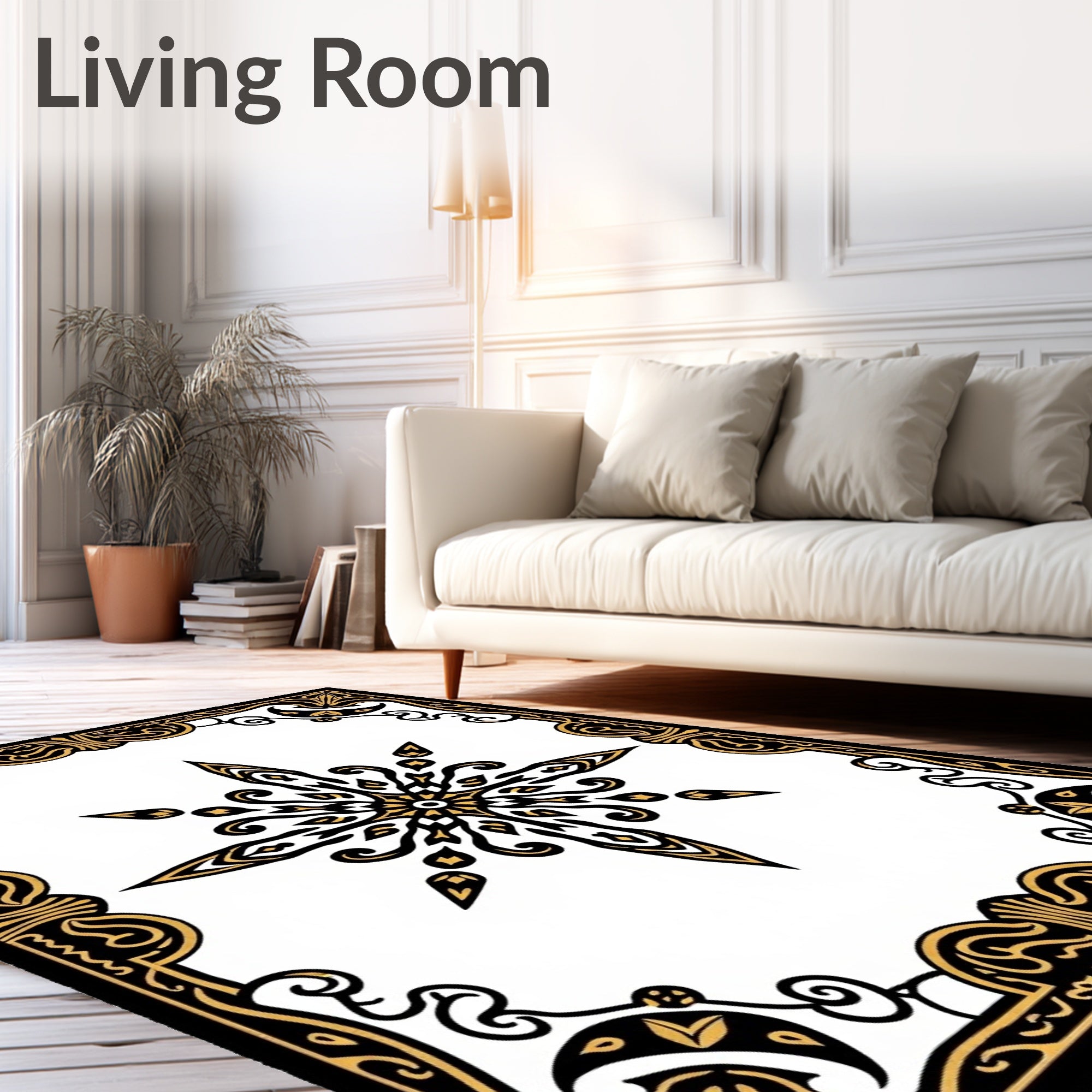 Ornate Black and Gold Starburst Frame Rug