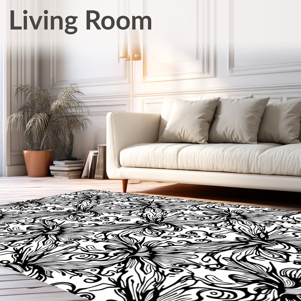 Black White Opulent Floral Swirl Rug