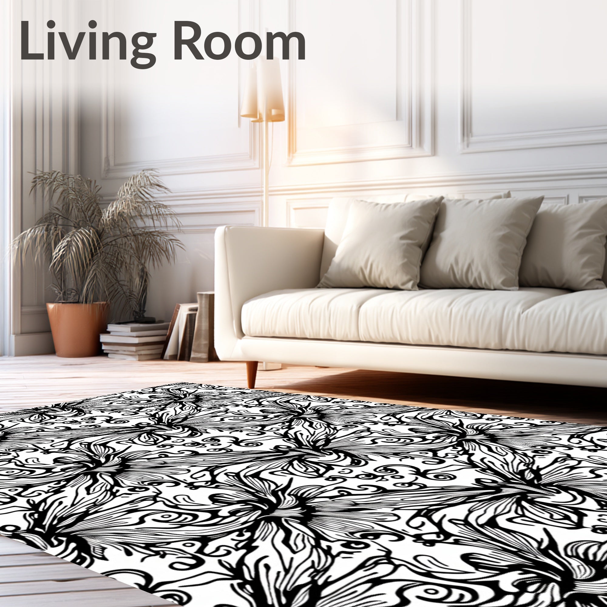 Black White Opulent Floral Swirl Rug