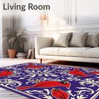 Crimson Cardinals Blue Floral Scroll Rug