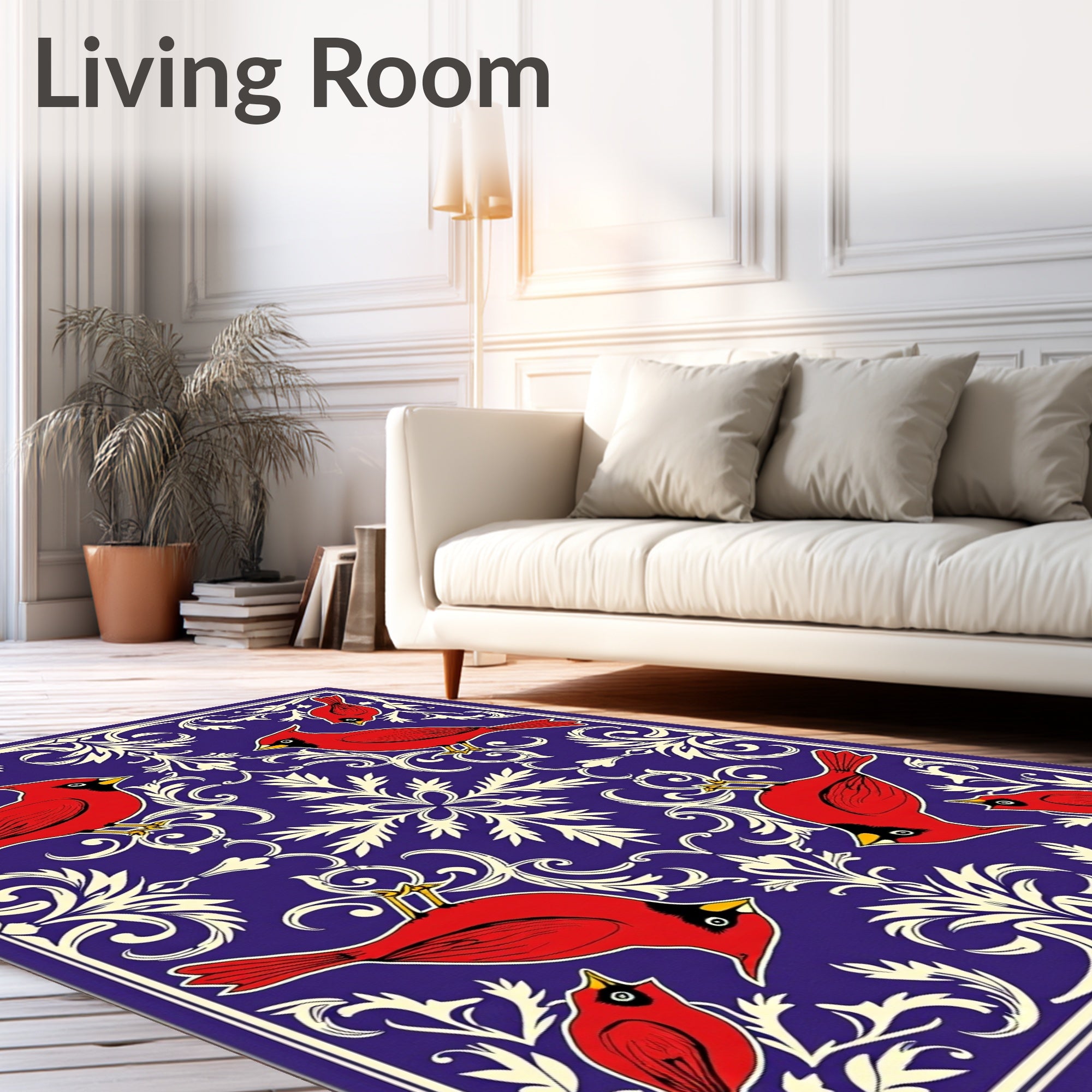 Crimson Cardinals Blue Floral Scroll Rug