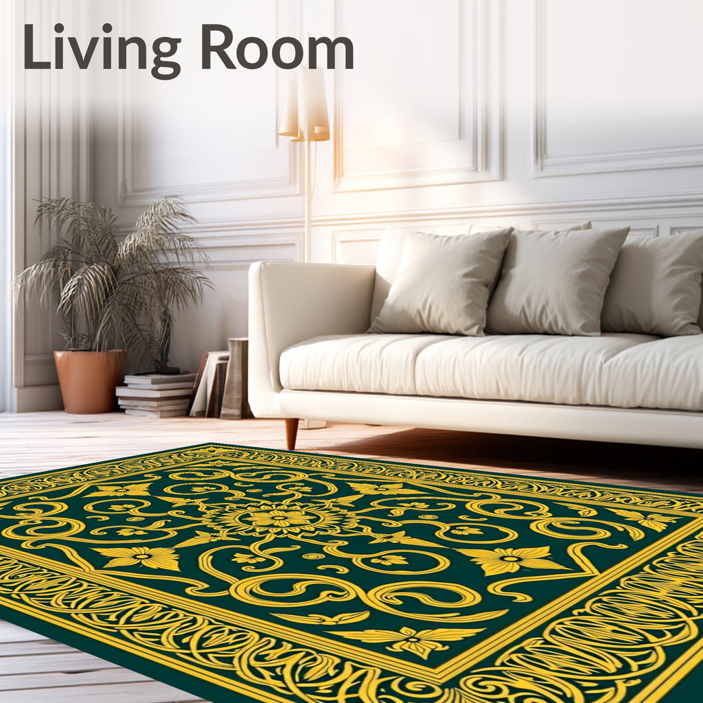 Emerald Green Gold Floral Medallion Rug