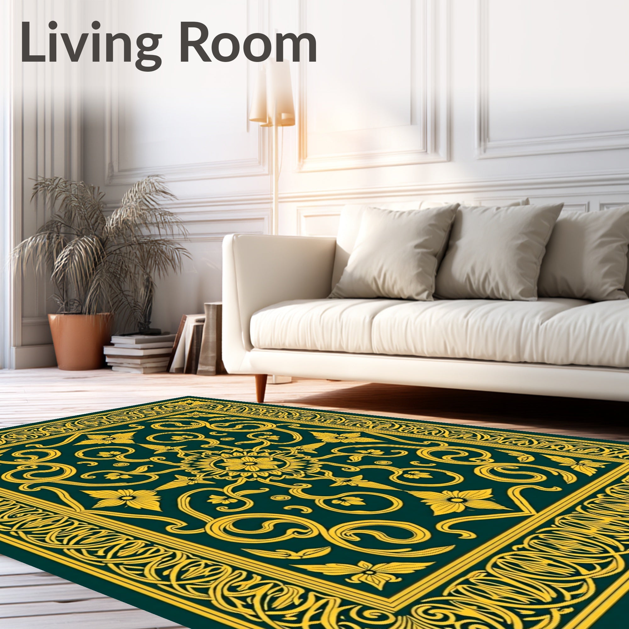 Emerald Green Gold Floral Medallion Rug