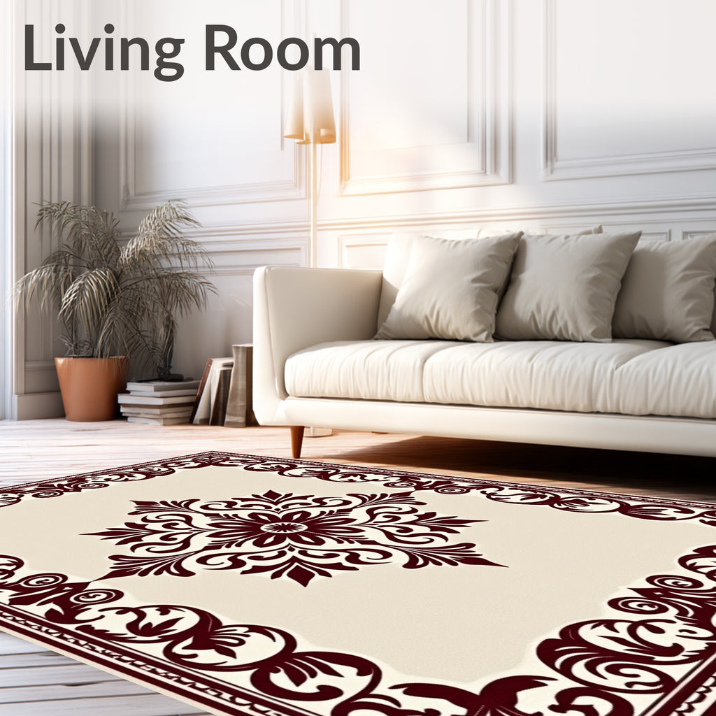 Deep Burgundy Floral Medallion Ivory Rug