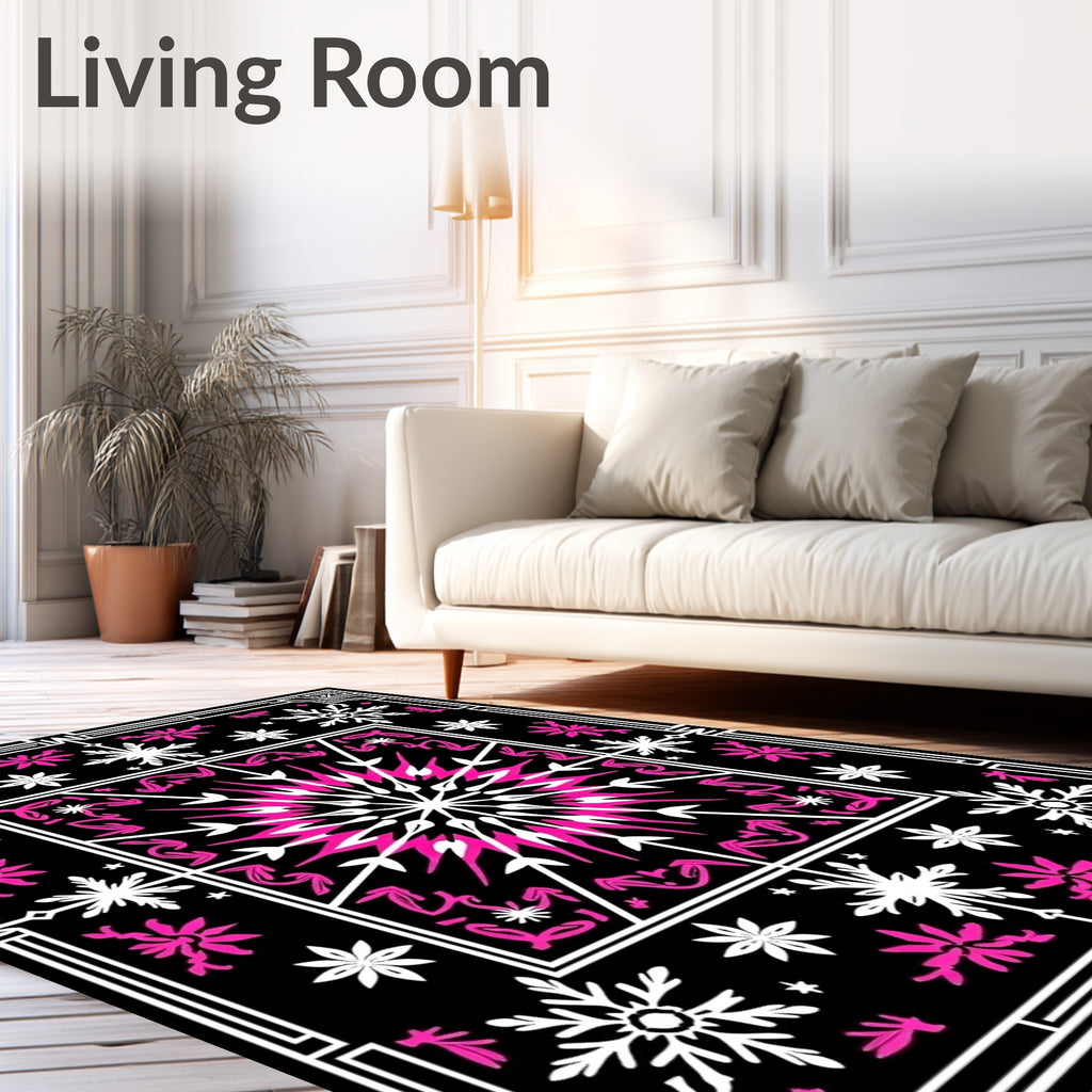 Hot Pink Snowflake Mandala Black Rug