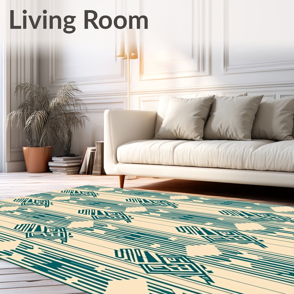 Cream Teal Geometric Diamond Stripes Rug