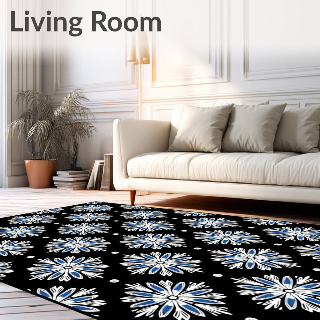 Black Blue White Floral Medallion Repeat Rug