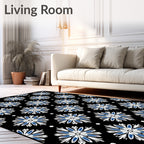 Black Blue White Floral Medallion Repeat Rug