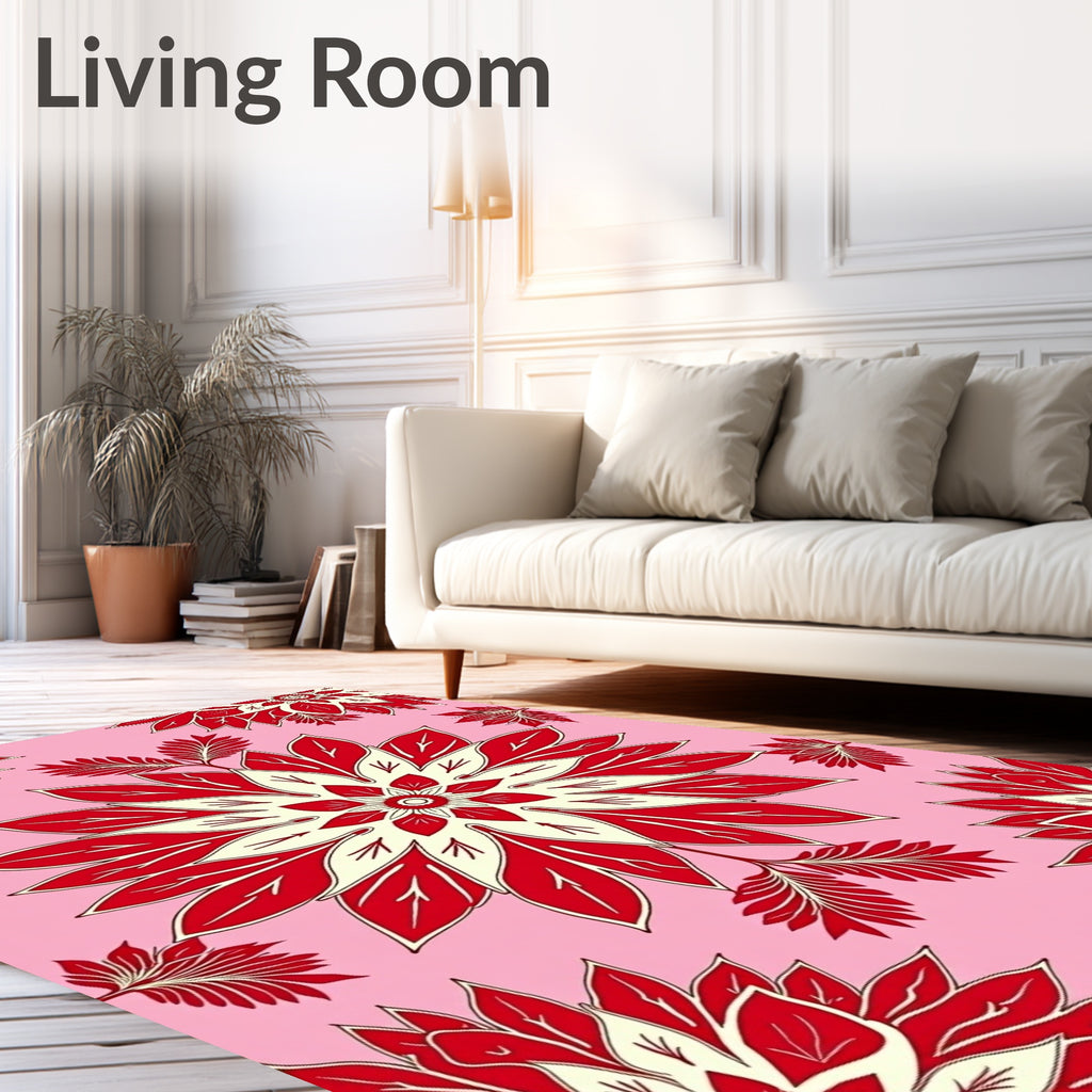 Red Cream Floral Medallion Pink Background Rug