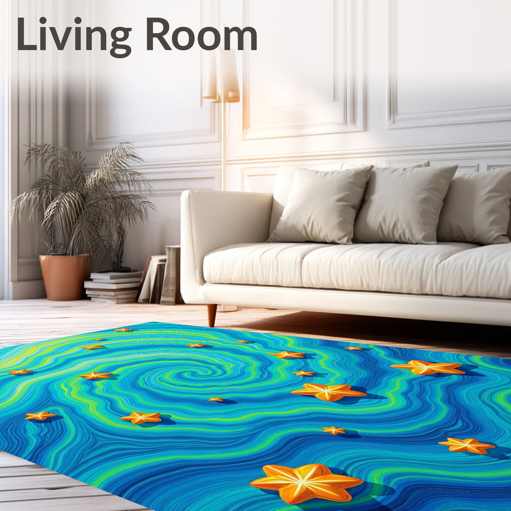 Whimsical Orange Star Swirl Ocean Rug