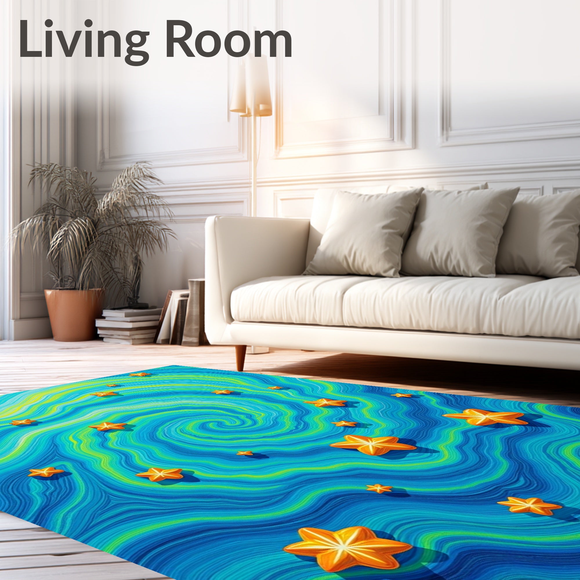 Whimsical Orange Star Swirl Ocean Rug