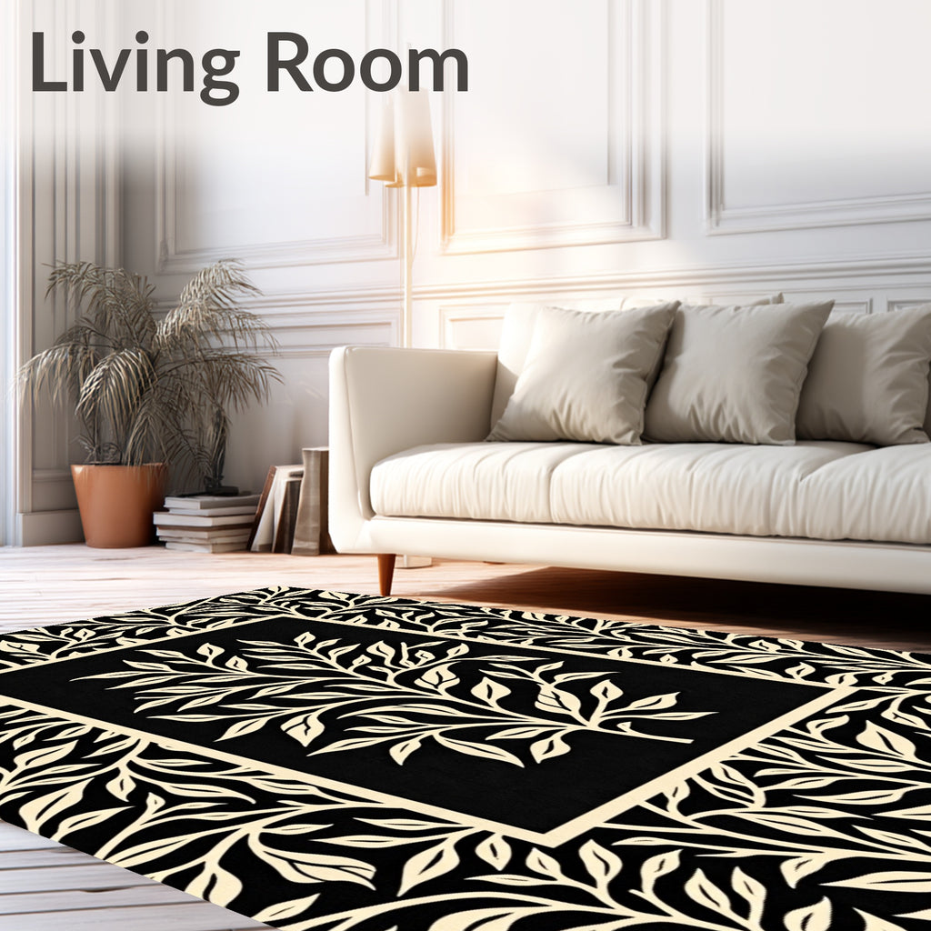 Black and Cream Botanical Scroll Rug