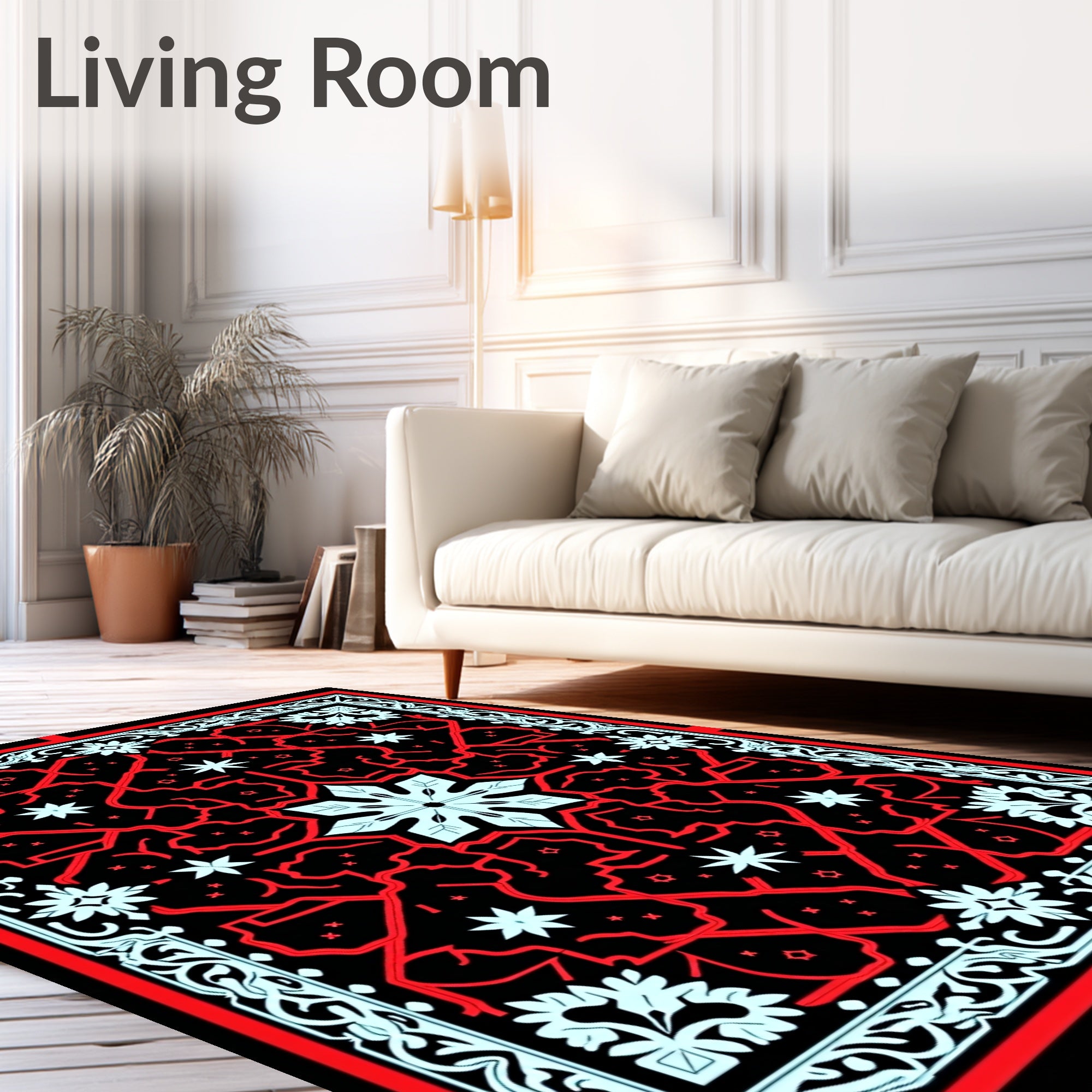 Red Light Blue Black Geometric Starburst Tile Rug