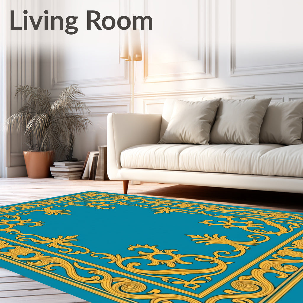 Gold Ornate Border Teal Rug