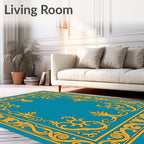 Gold Ornate Border Teal Rug